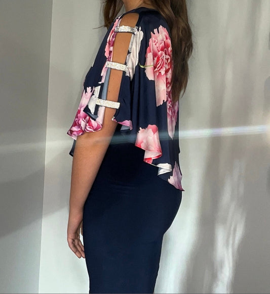 CRYSTAL SLIT SLEEVE FLORAL DRESS